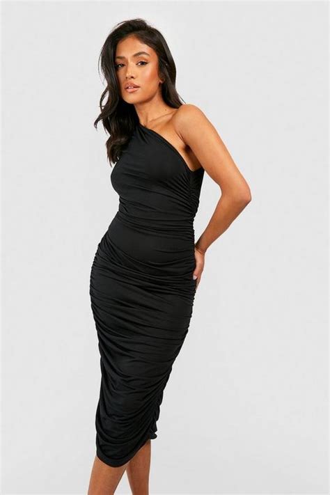 Petite Asymmetric Ruched Midi Dress Boohoo Uk