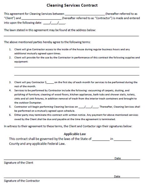 Free Printable Cleaning Services Agreement Printable Agreements