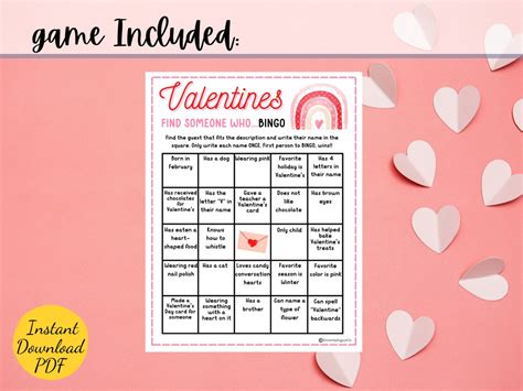 Valentines Day Bingo Game Valentines Find The Guest Bingo Valentines