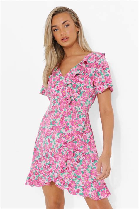 Woven Floral Print Ruffle Tea Dress Boohoo Uk