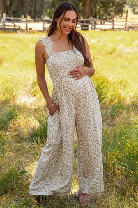 Cream Floral Flowy Maternity Jumpsuit Pinkblush