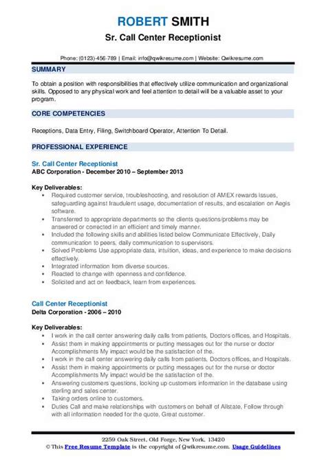 Call Center Receptionist Resume Samples Qwikresume