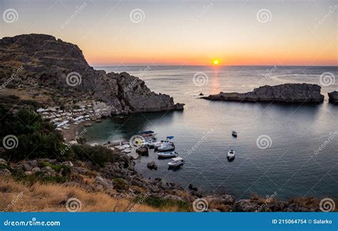 St Paul`s Heart Bay in Lindos at Sunrise, Rhodes, Greece Stock Photo ...