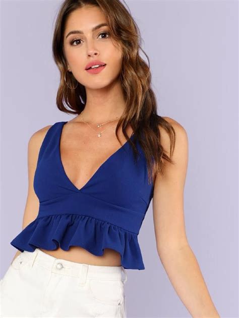 Deep V Neck Crop Peplum Top Ropa De Moda Blusas Juveniles Moda Tops