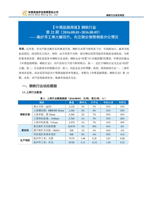 【中债监测周报】钢铁行业；高炉开工率大幅回升，关注钢企信用利差分化情况