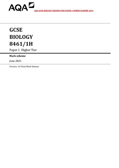 AQA GCSE BIOLOGY 8461 1H Paper 1 Higher Tier Mark Scheme June 2021