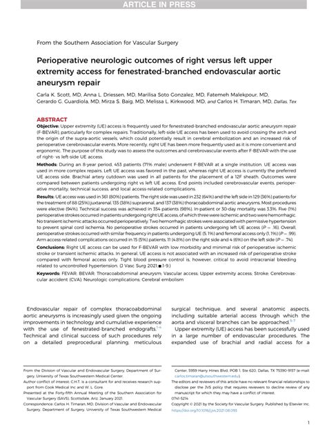 Pdf Perioperative Neurologic Outcomes Of Right Vs Left Upper Extremity Access For Fenestrated