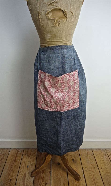 Red Print Pocket Indigo Linen Apron French 19th Century