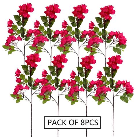 Pack Of 8 Fuchsia Artificial Flowers Stems Silk Bougainvillea Branches For Wedding Indoor