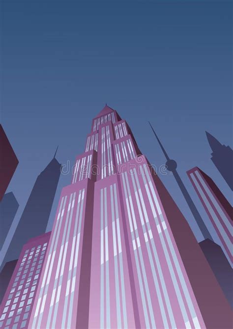 Art Deco Tower 2. Cartoon skyscraper at night in Art Deco style stock ...