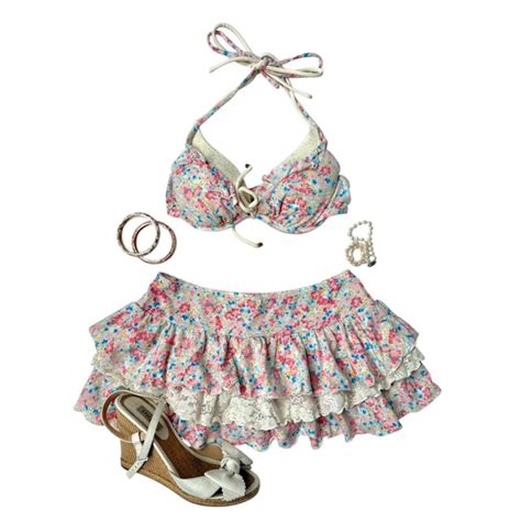 Coquette Pink Floral Polka Dot Japanese Piece Bikini Set Flutter Vintage