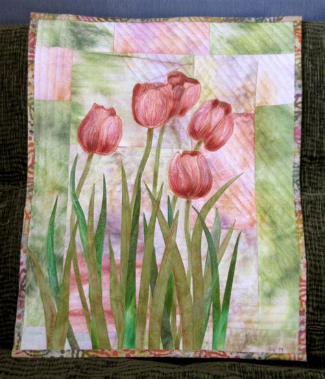 Hand Painted Fabric Art Quilt Wallhanging Tulips Etsy