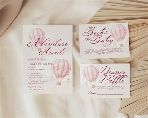 Editable Pink Adventure Awaits Hot Air Balloon Baby Shower Invitation Bundle Template Instant