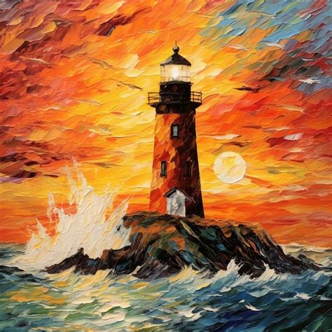 Premium Photo A Painting Of A Lighthouse With The Sun Setting Behind It