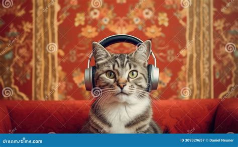 Portrait Of A Cute Cat Listening To Music With Headphones Stock