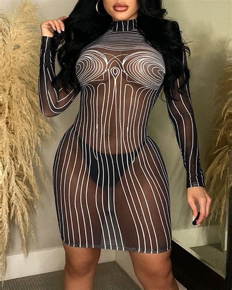 Striped Sheer Mesh Bodycon Dress