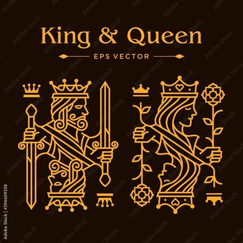 King and queen gold card drawing line illustration, casino poker logo ...