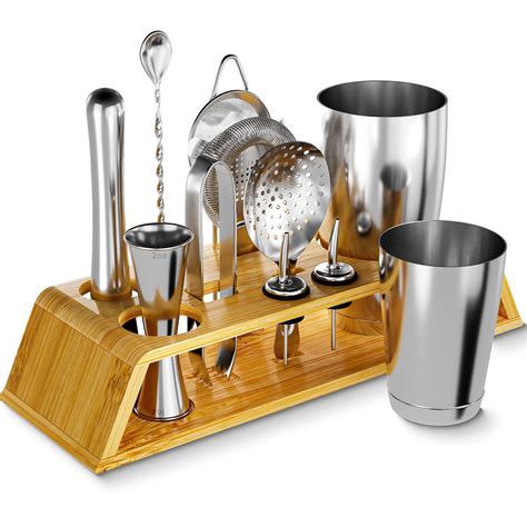 Buy 12 Piece Silver Cocktail Shaker Set With Bamboo Stand Weighted 18