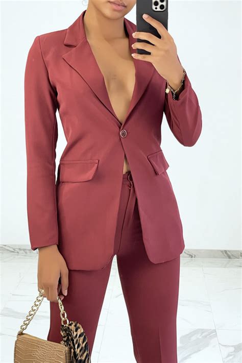 Ensemble Blazer Très Chic Bordeaux à Ceinture à Nouer Et Pantalon Fendu