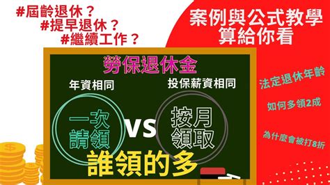 勞保退休金月領8年超車一次領心法大公開 退休金幾歲領最划算？能提早領？要怎麼計算？法定退休年齡？ 【老年年金給付】與【老年一次金給付】請領資格條件一次搞懂 勞保年金 老年年金 Youtube