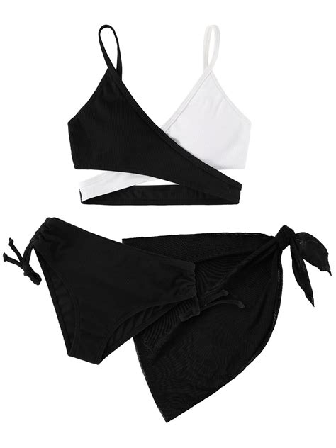 Girl S Piece Bikini Swimsuit Cute Color Block Criss Cross V Neck