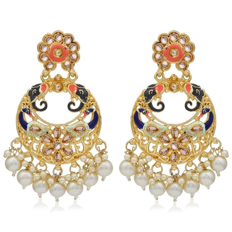 Buy Sukkhi Traditional Pearl Gold Plated Peacock Meenakari Chandbali