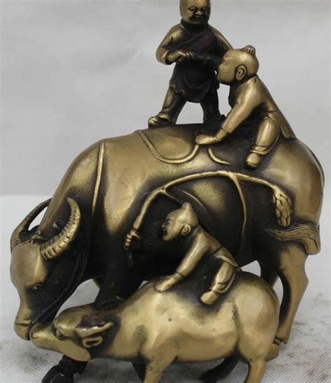 China Chinese Folk Bronze Lucky Lifelike Three Cowboy Two Ox Cow