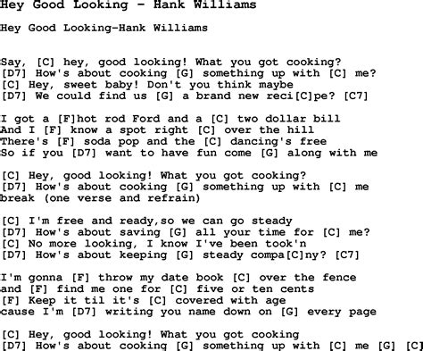 Song Hey Good Looking by Hank Williams, song lyric for vocal performance plus accompaniment ...