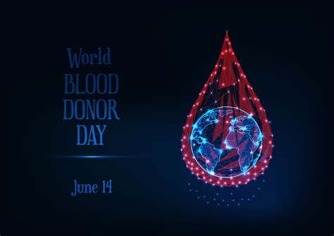 World Blood Donor Day Web Banner With Glowing Low Poly Blood Drop And