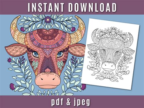 Zentangle Cow Coloring Page Printable Adult Coloring Page - Etsy