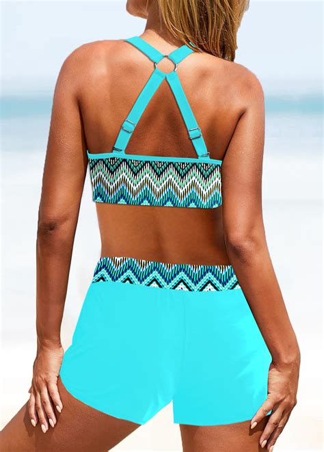 Metal Ring Geometric Print Cyan Bikini Top Modlily USD 21 98