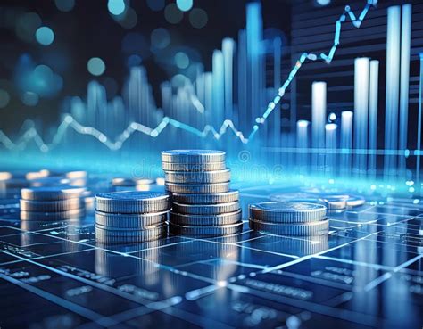 Stacks Of Coins On Digital Stock Charts And Graphs In Blue Light Stock