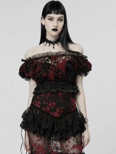 Punk Rave Black And Red Gothic Sexy Flocking Mesh Lace Trim Short Top