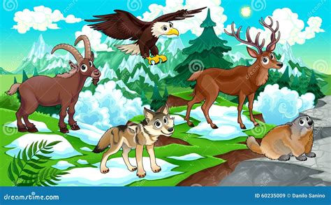 Cartoon Mountain Animals With Landscape Vector Illustration ...