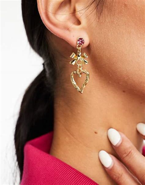 Designb London Pearl Bow Earrings With Pink Crystal In Gold Asos