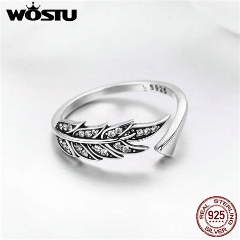 WOSTU NEW 925 Sterling Silver Vintage Style Leaves Clear CZ Adjustable