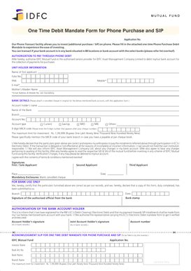 Fillable Online One Time Debit Mandate Form For Phone Idfc Mutual