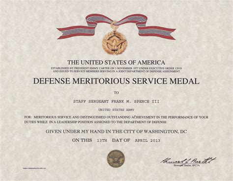 Defense Meritorious Service medal certificate