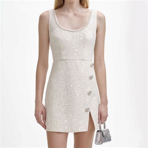 Self Portrait Ivory Sequin Boucle Mini Dress Women Dresses Sabrina