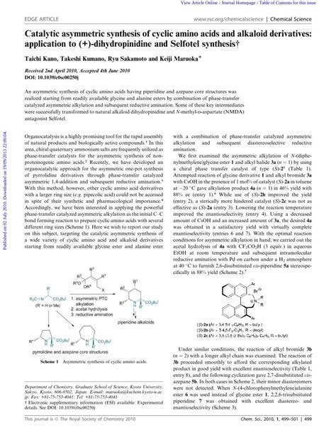 PDF Catalytic Asymmetric Synthesis Of Cyclic Amino Acids And Alkaloid