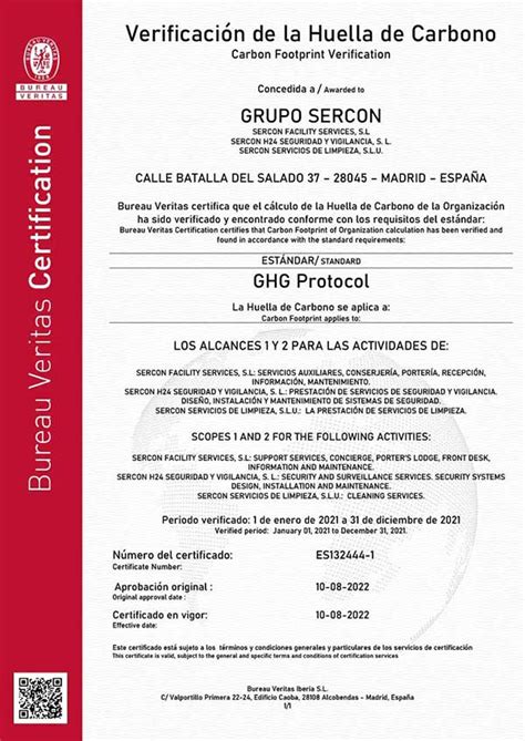 Nuevo Certificado Bureau Veritas Verificación de la Huella de Carbono