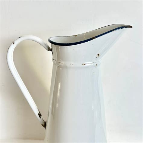 French Vintage Enamel Pitcher Enamelware Jug White Enamelware