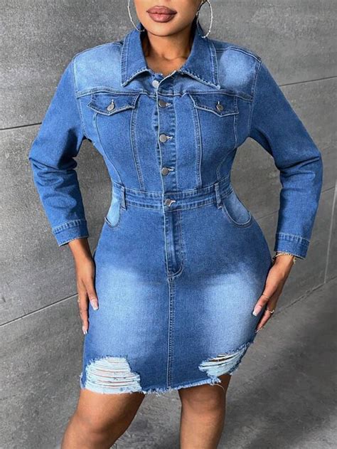 Shein Sxy Plus Flap Pocket Ripped Raw Hem Denim Dress Shein Usa