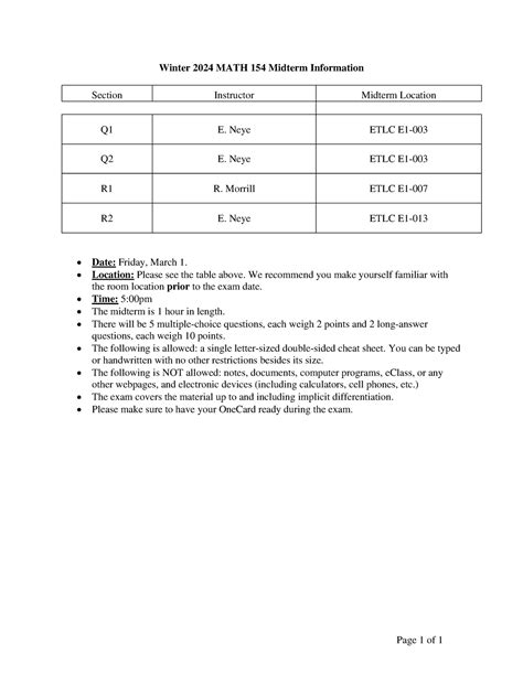 Math Midterm Information Page Of Winter Math