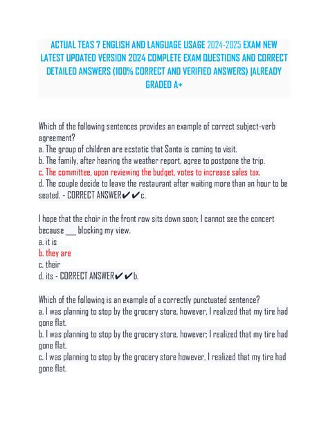 ACTUAL TEAS 7 ENGLISH AND LANGUAGE USAGE 2024-2025 EXAM NEW LATEST