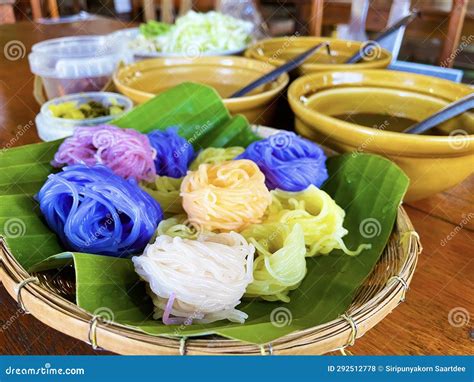 Thai Noddle Of Jumbo Pork Ball Pig Liver Pork Slide And Vegetable On Wooden Table Hot Noodle