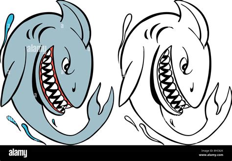 Cartoon image of a shark - both color and black / white versions Stock ...