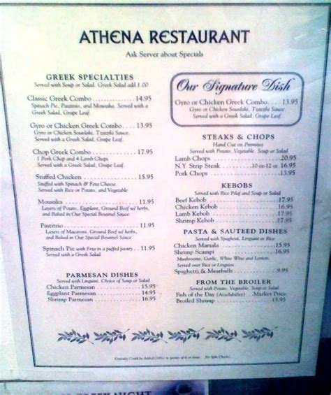 Menu At Athena Restaurant St Augustine