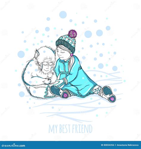 Little Girl Plays with a Cute Monkey. Hand Drawing. Snow. Children ...