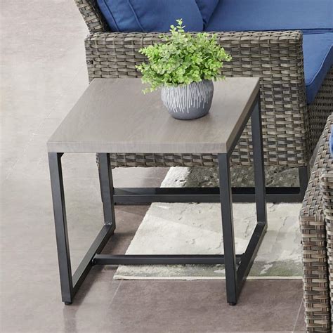 Opohoro U Weave Gray Square Metal Outdoor Side Table With Steel Wood